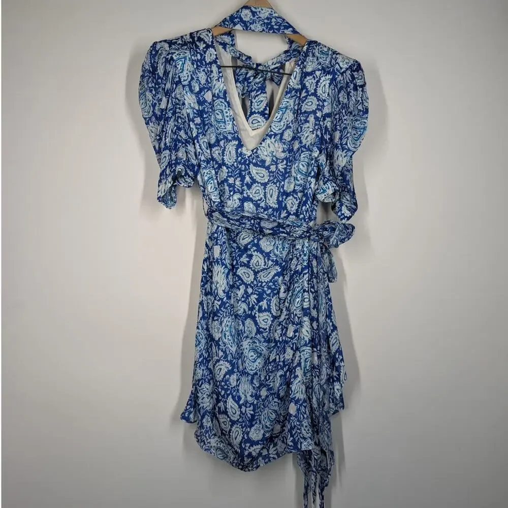 Hemant and Nandita Suho V-Neck Mini Dress Size Small Blue Paisley Preowned - Picture 4 of 12